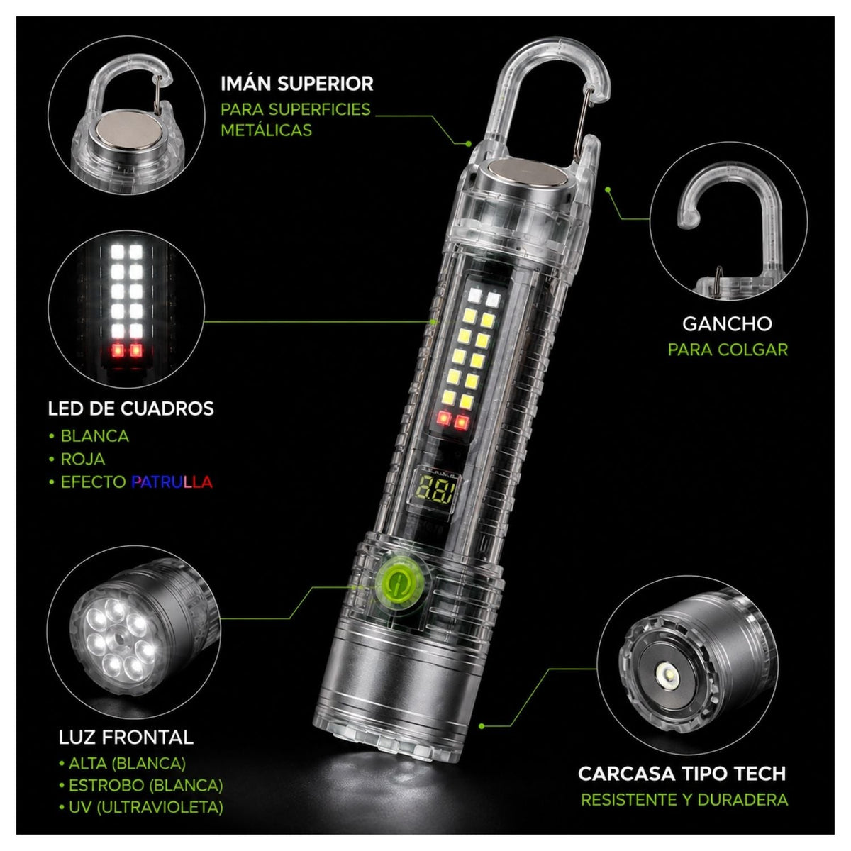 Lámpara LED recargable con luz UV, imán, mosquetón y pantalla digital - foto 2