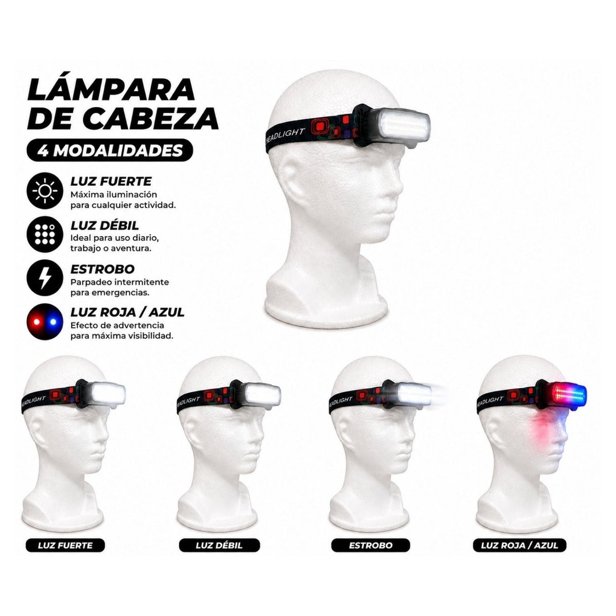 Lámpara de cabeza LED recargable USB-C con 4 modos y luz roja/azul - foto 4