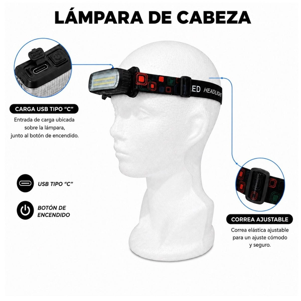Lámpara de cabeza LED recargable USB-C con 4 modos y luz roja/azul - foto 3