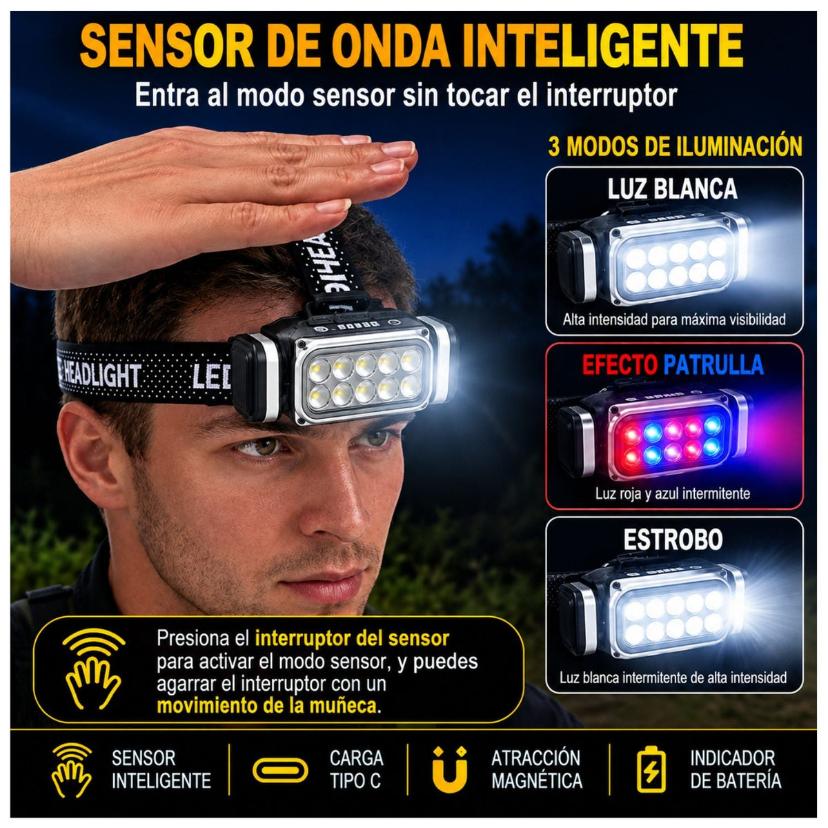 Lámpara frontal de 10 LED con sensor de movimiento, patrulla y giro de 60° - foto 4
