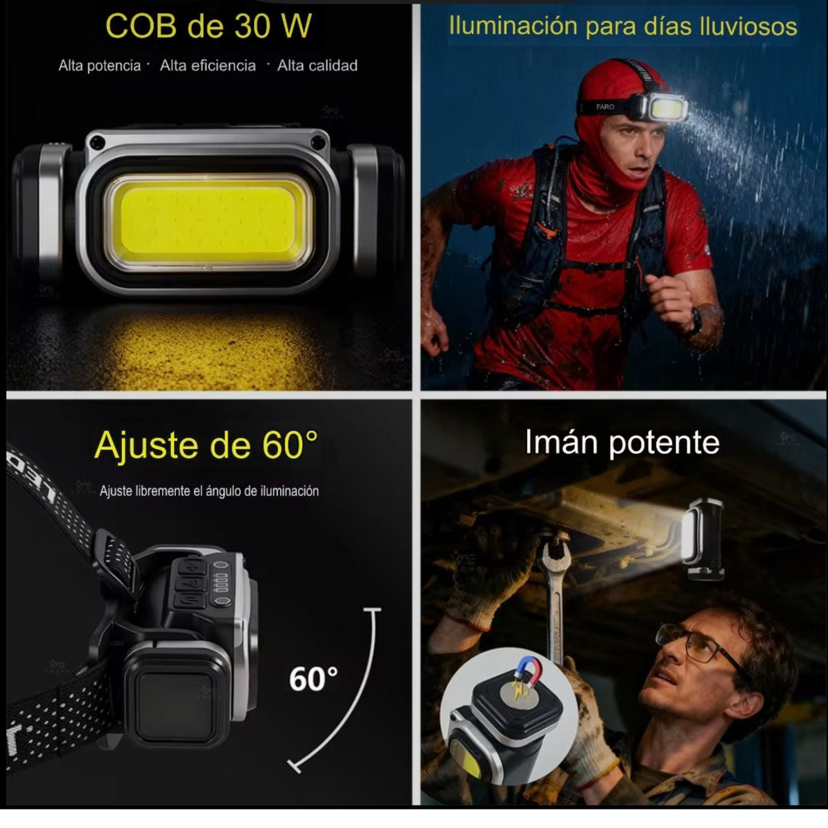 Lámpara frontal LED COB recargable con sensor de movimiento y luz roja - foto 3