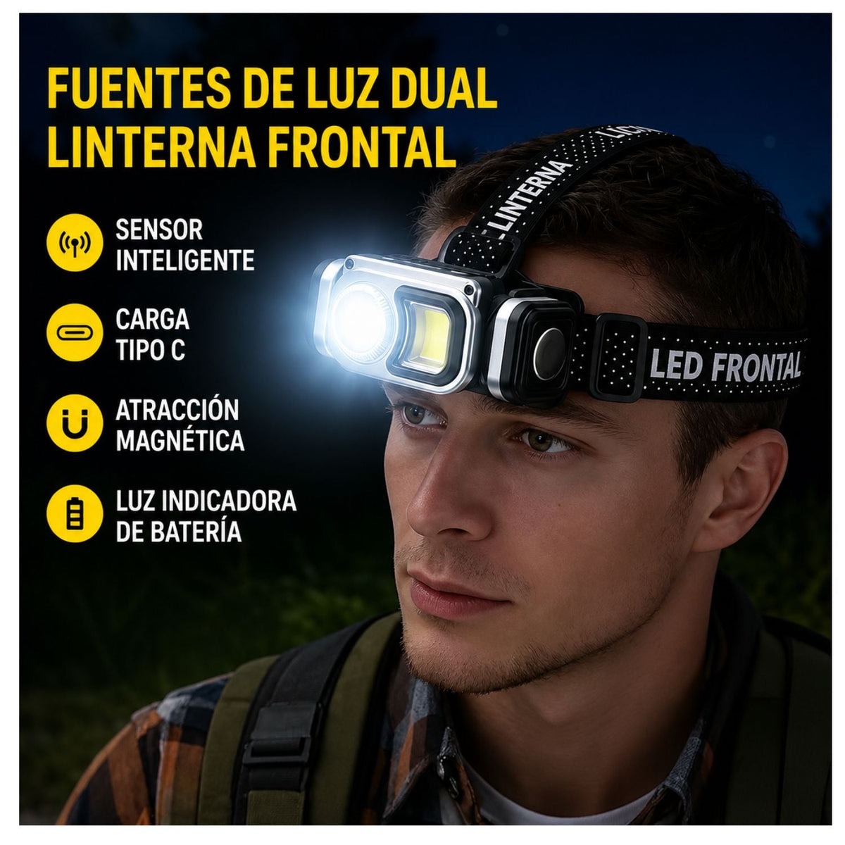 Lámpara frontal LED doble luz con sensor de movimiento, imán y giro de 180° - foto 2