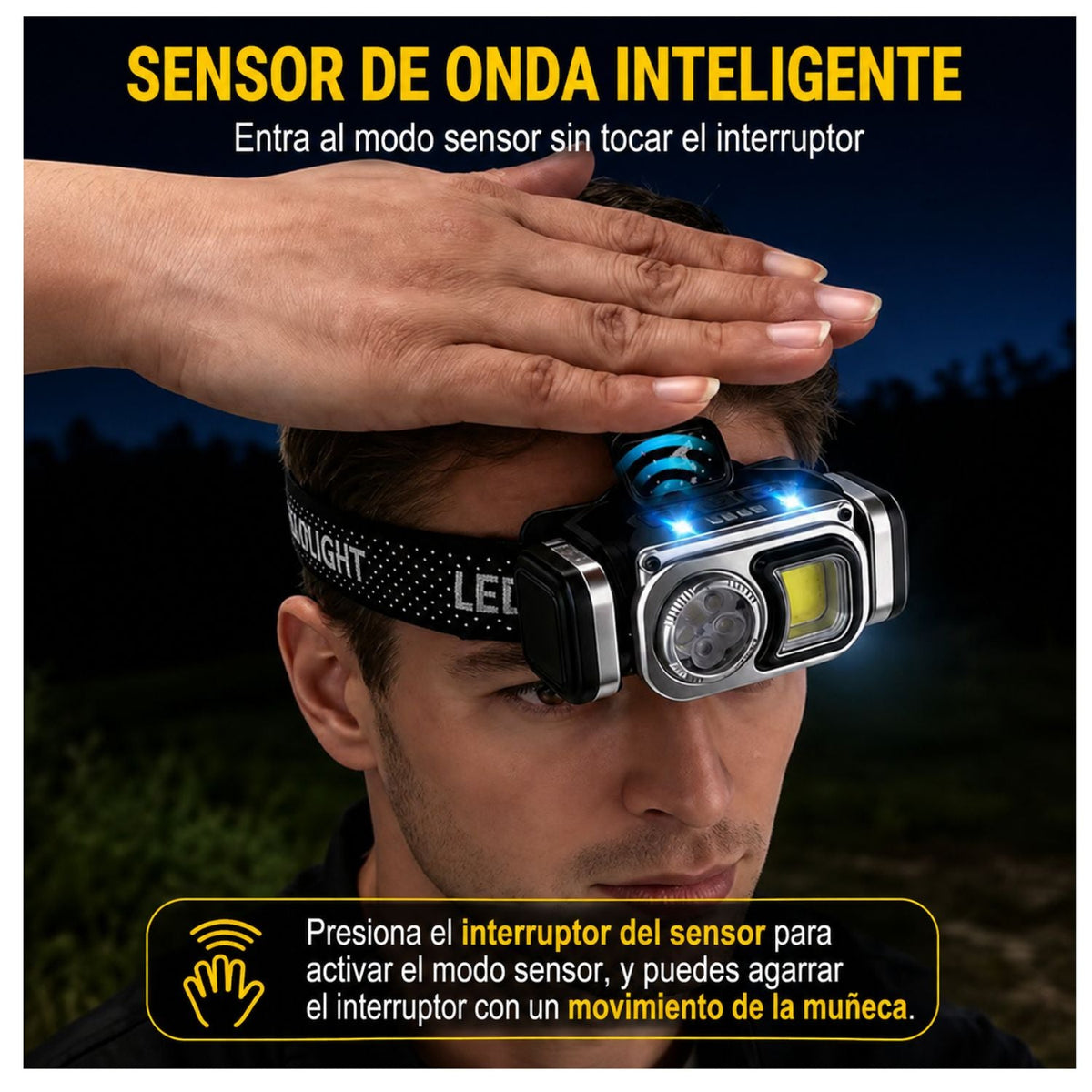 Lámpara frontal LED doble luz con sensor de movimiento, imán y giro de 180° - foto 3