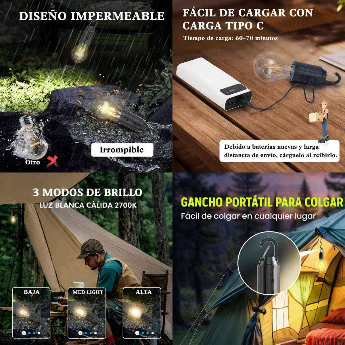 Foco LED de campamento recargable con gancho, luz cálida 2700K - foto 2