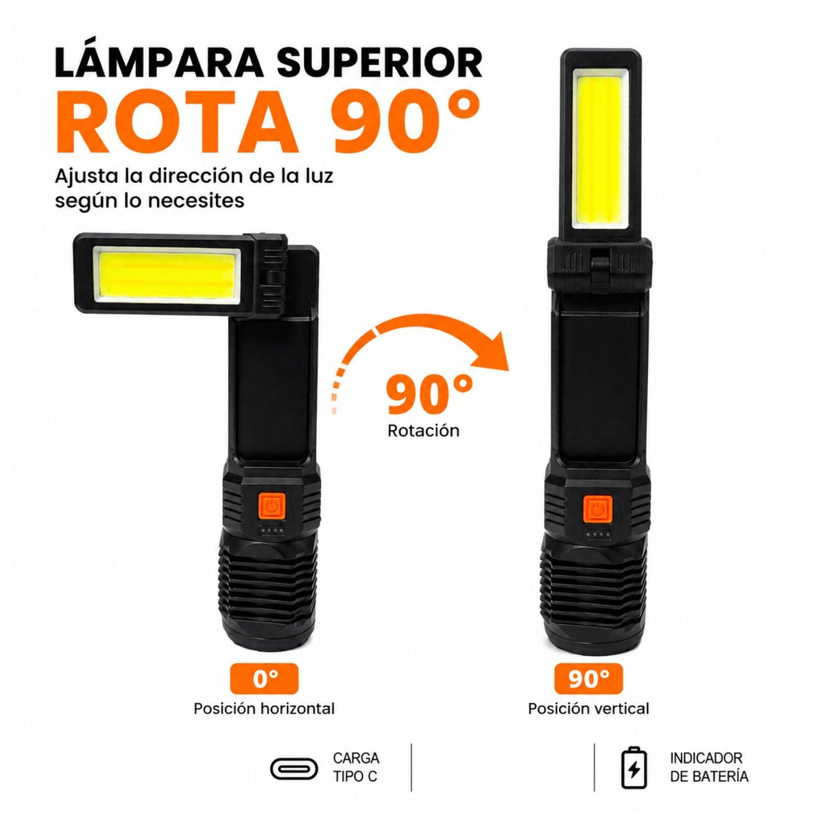Lámpara LED recargable con luz COB giratoria 90° y LED de largo alcance - foto 2