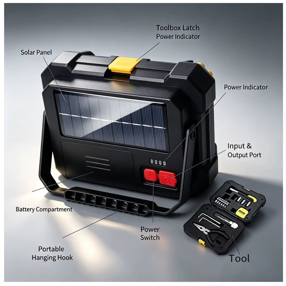 Reflector LED solar 3 en 1 recargable con power bank y kit de herramientas - foto 3