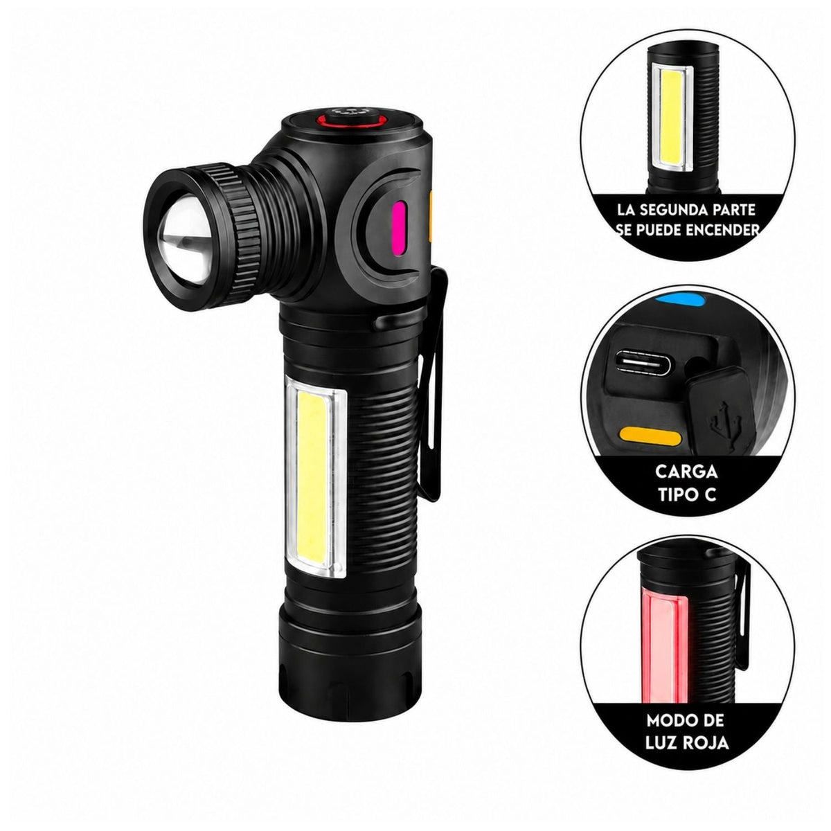 Lámpara mini COB con luz lateral, imán, clip y batería 18650 recargable - foto 3
