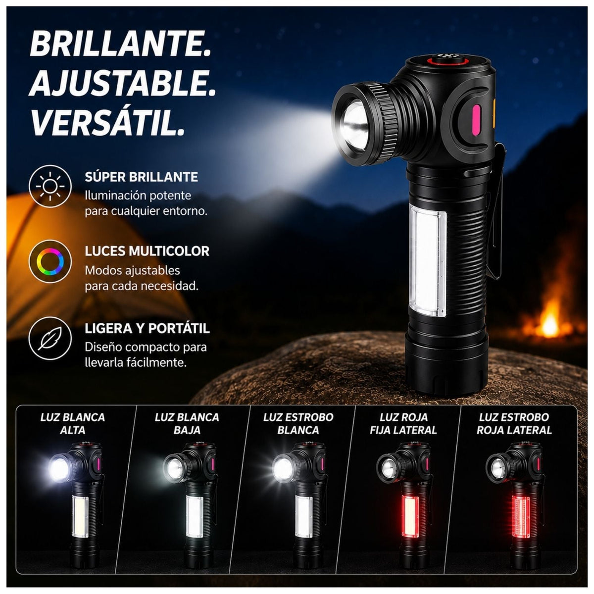 Lámpara mini COB con luz lateral, imán, clip y batería 18650 recargable - foto 4