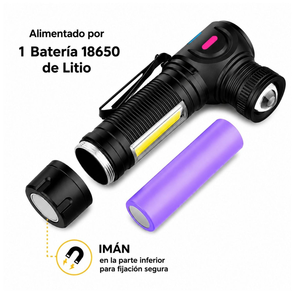 Lámpara mini COB con luz lateral, imán, clip y batería 18650 recargable - foto 5