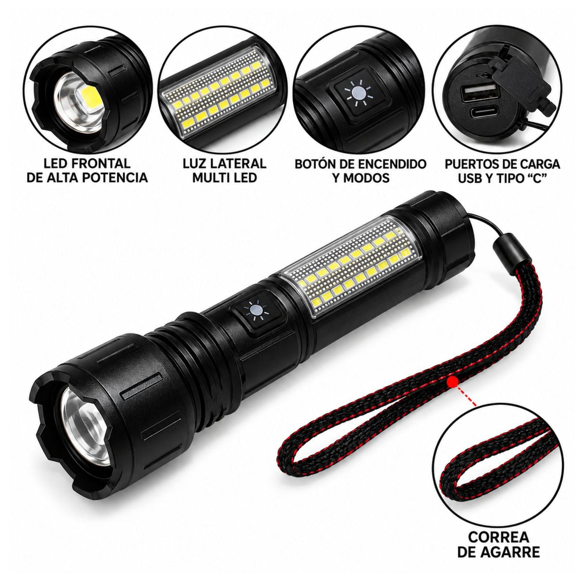 Lámpara LED de mano con luz frontal y lateral, 6 modos y doble carga USB - foto 3