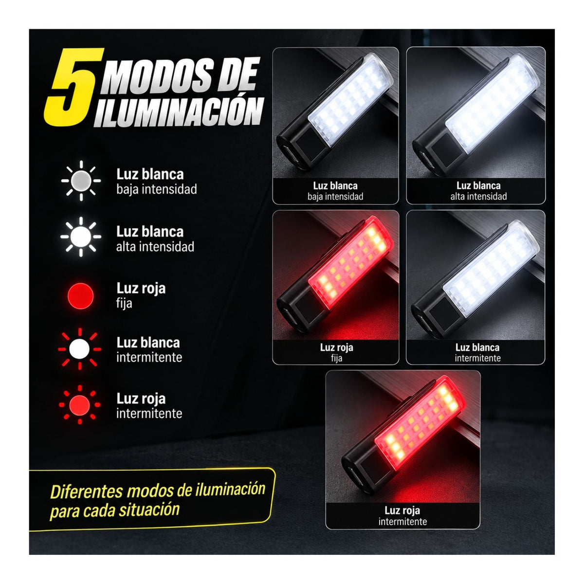 Lámpara LED recargable con imán, clip y conector USB directo, 5 modos - foto 3