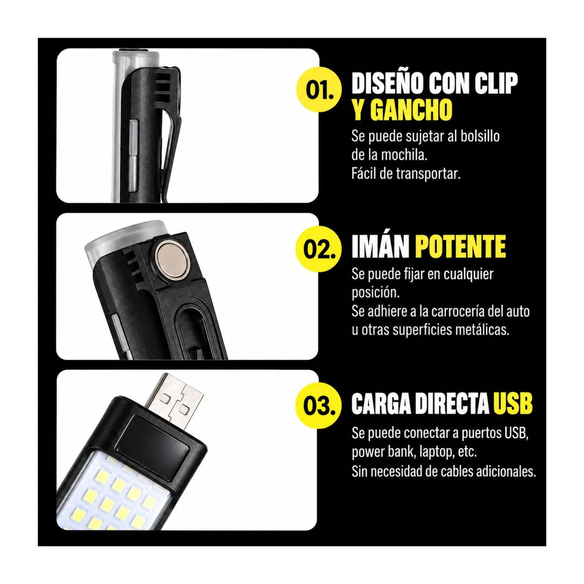 Lámpara LED recargable con imán, clip y conector USB directo, 5 modos - foto 4