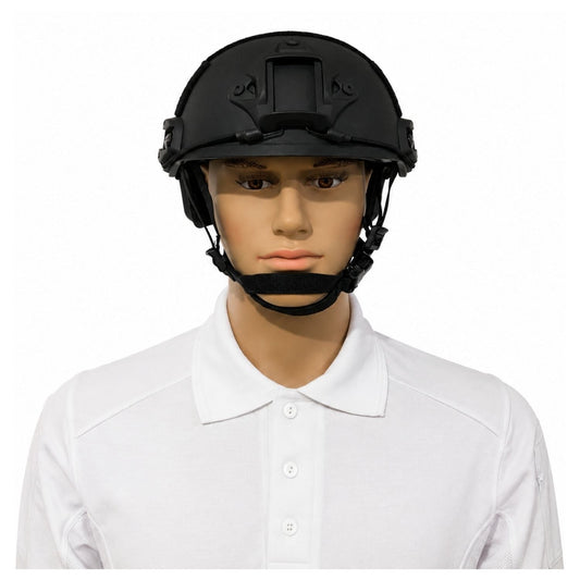Casco táctico tipo FAST de oreja recortada con rieles, barbiquejo y almohadillas