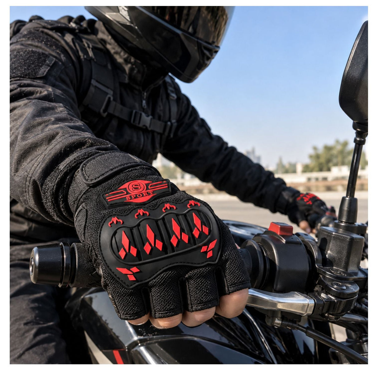 Guantes de medio dedo para moto y ciclismo con protección en nudillos - foto 6