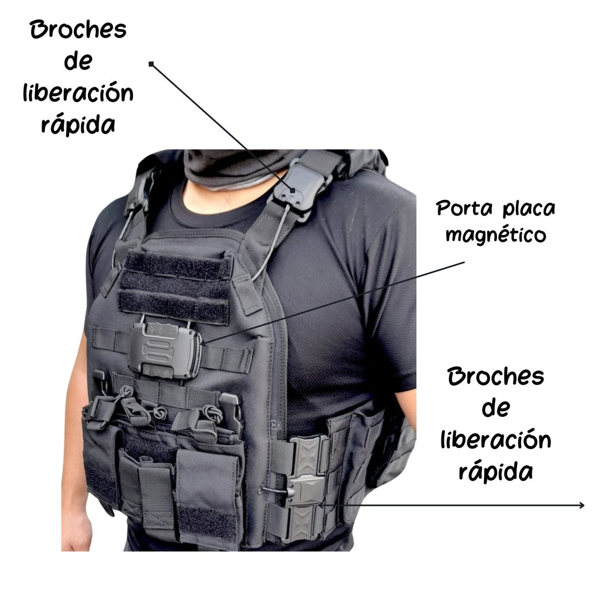 Chaleco táctico MOLLE con porta placa magnético y liberación rápida - foto 4