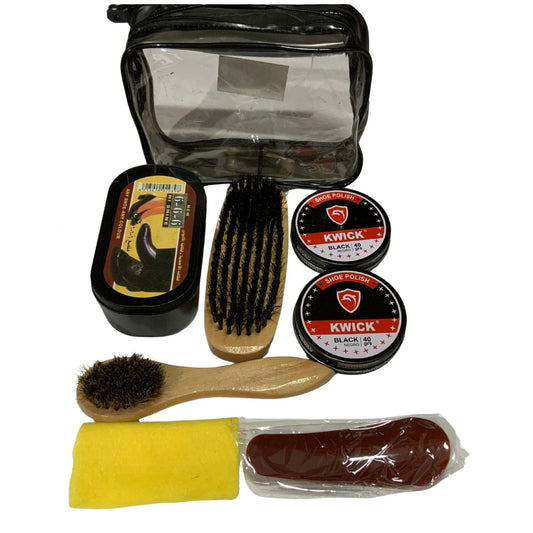 Kit para limpiar y abrillantar calzado negro con betún, cepillos y estuche