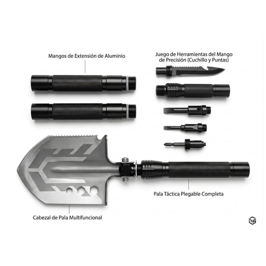 Pala plegable multifuncional con cuchillo, silbato, desarmador y extensiones
