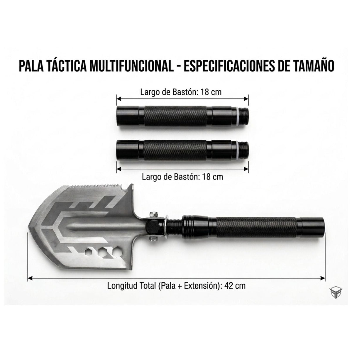 Pala plegable multifuncional con cuchillo, silbato, desarmador y extensiones - foto 2