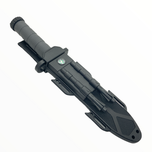Cuchillo largo con pedernal, brújula y funda J2027
