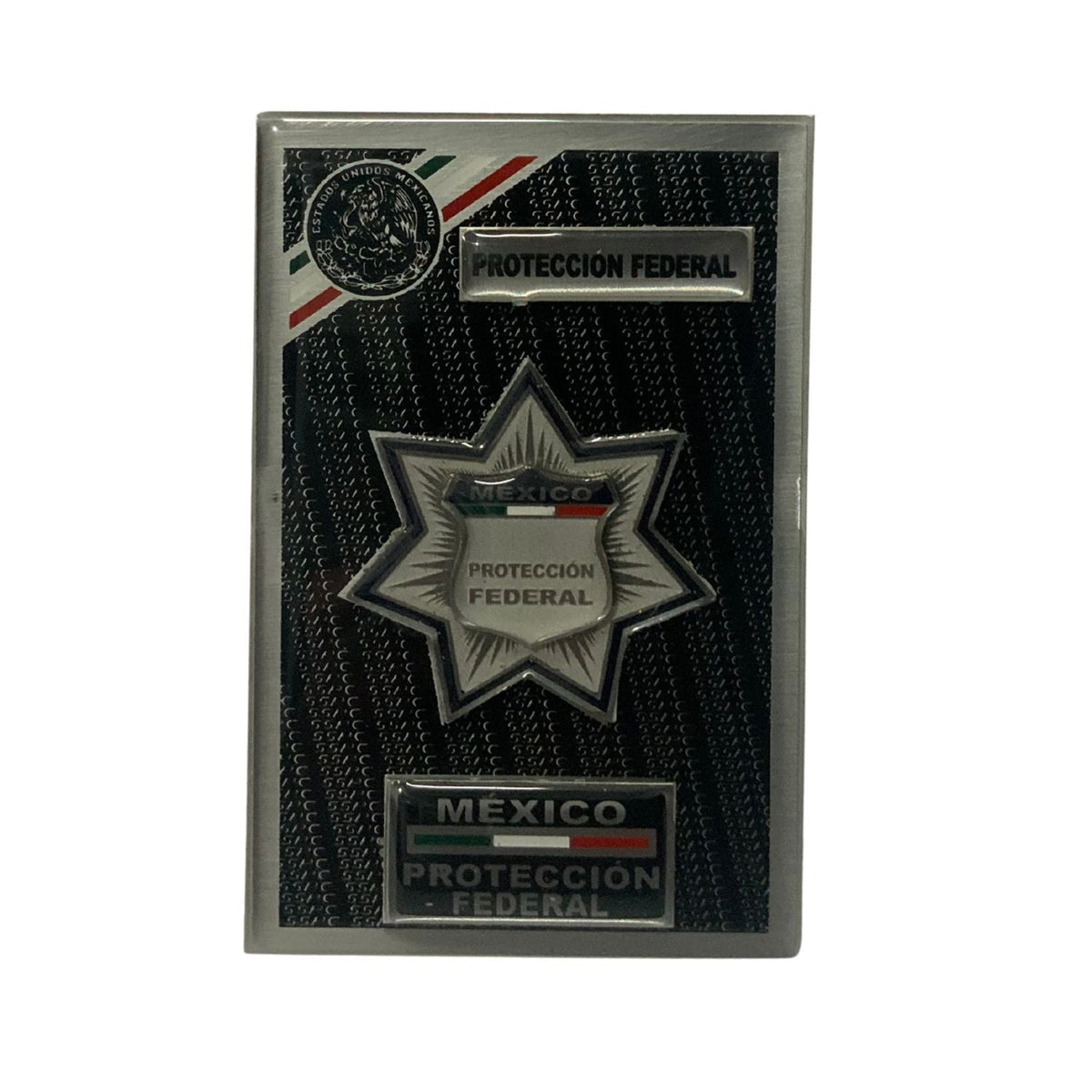Placa metálica de colección con emblema institucional, varios acabados