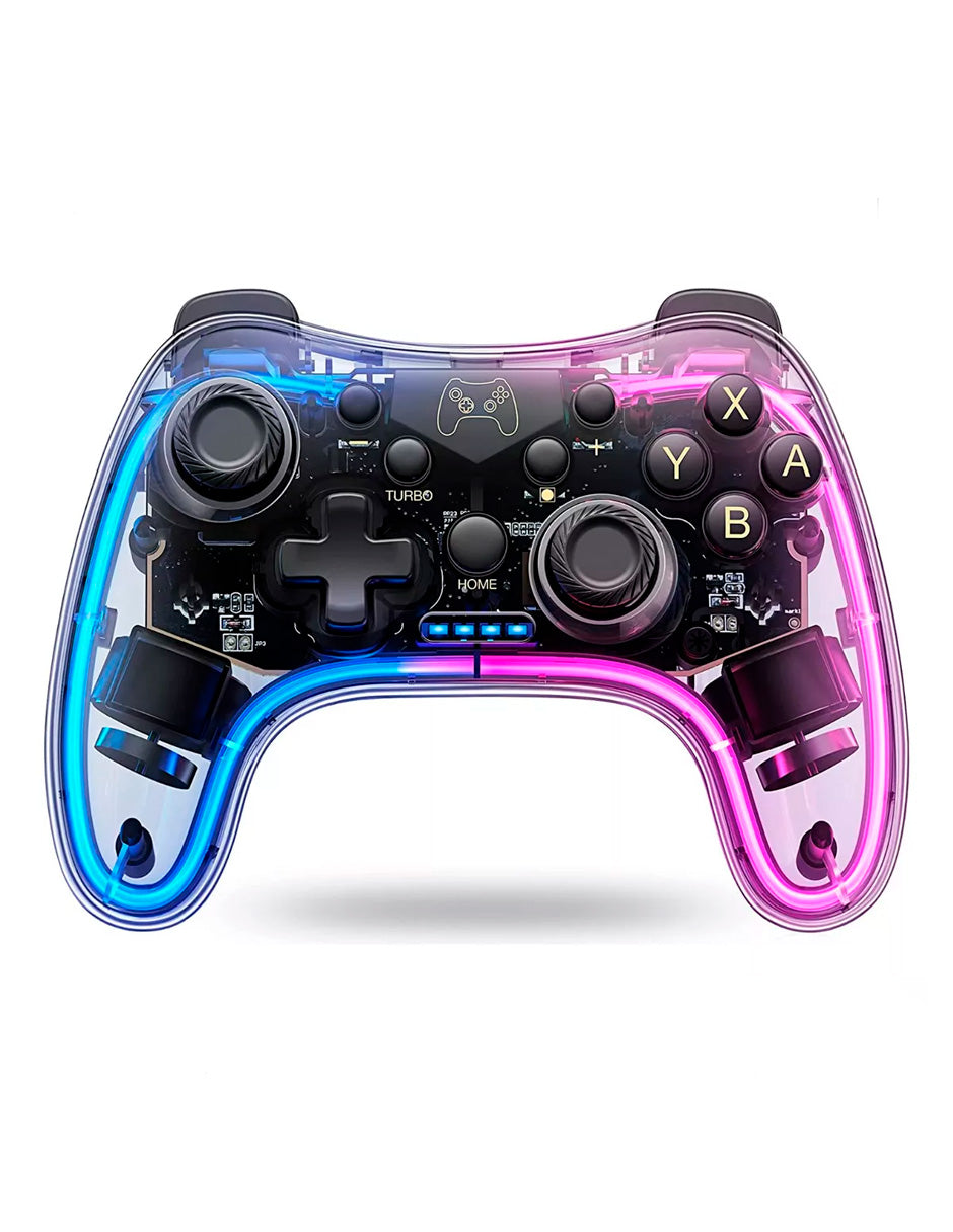 Control Inalámbrico Pro Transparente para Nintendo Switch con Luz RGB Azul y Rojo