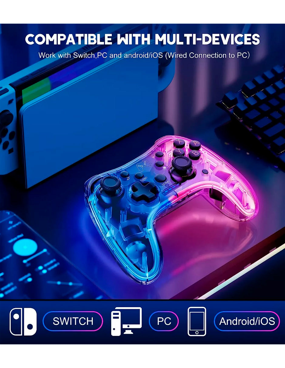 Control Inalámbrico Pro Transparente para Nintendo Switch con Luz RGB Azul y Rojo