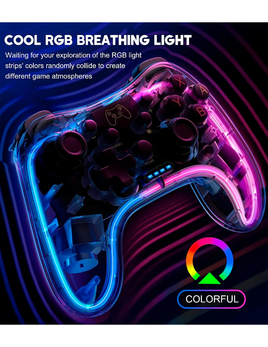 Control Inalámbrico Pro Transparente para Nintendo Switch con Luz RGB Azul y Rojo