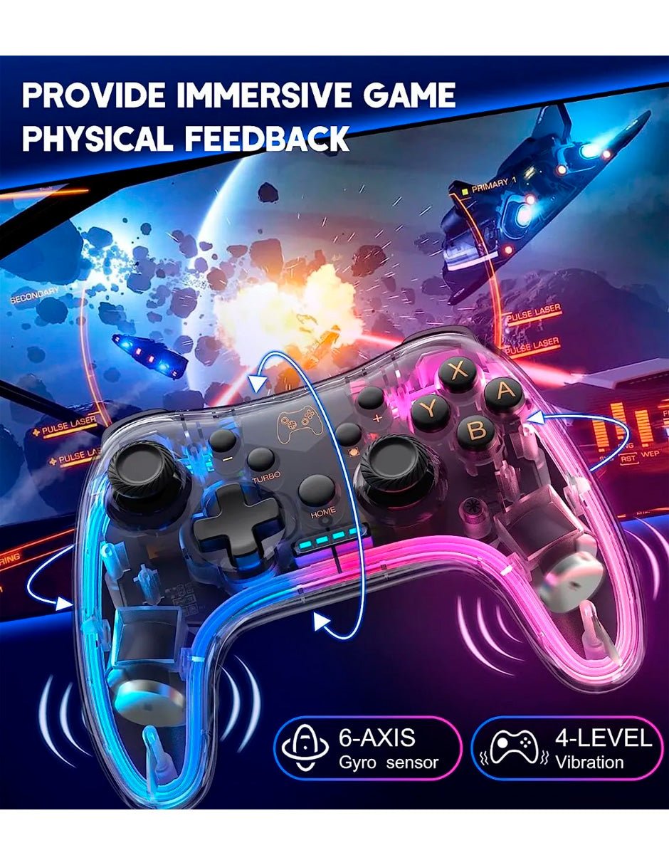 Control Inalámbrico Pro Transparente para Nintendo Switch con Luz RGB Azul y Rojo