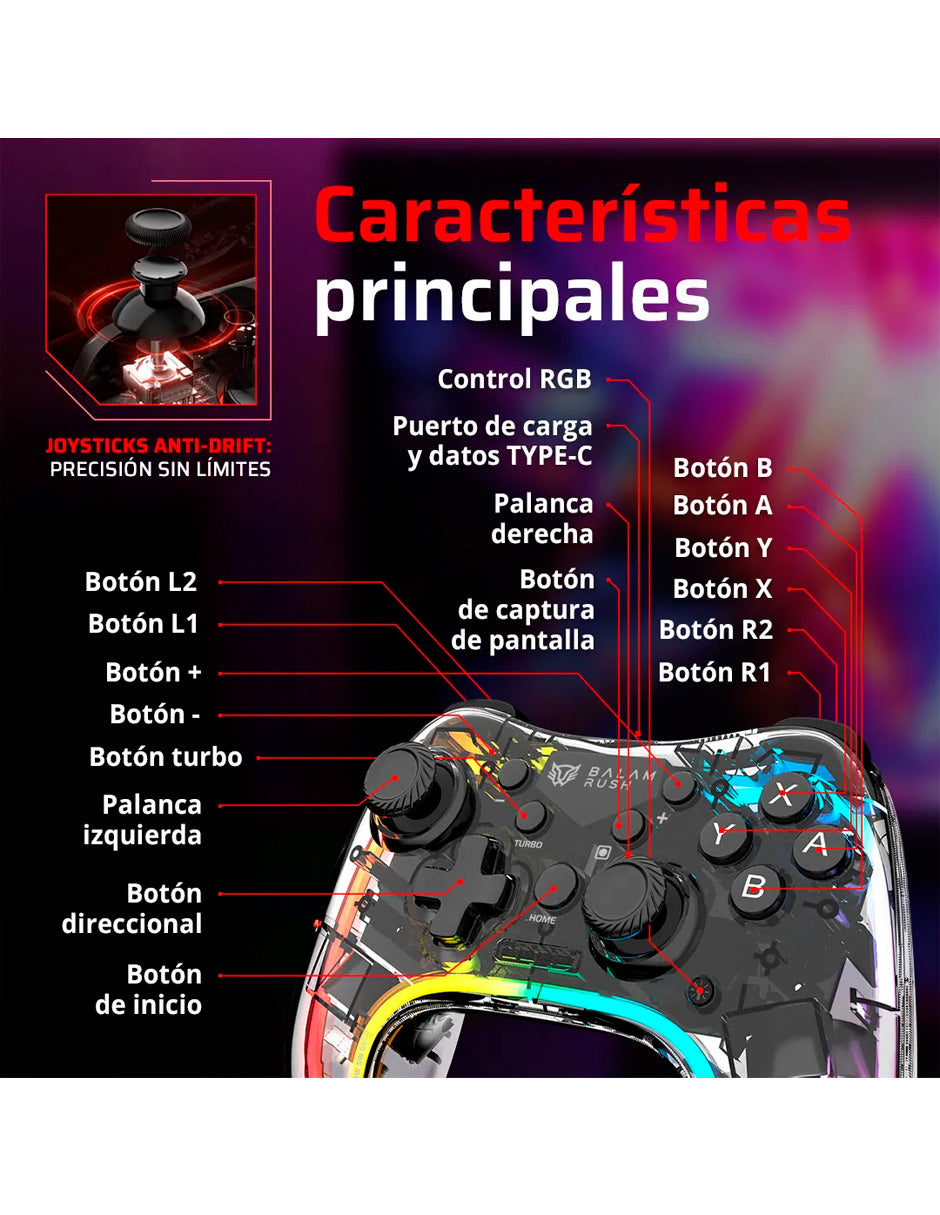 Control Inalámbrico Pro Transparente para Nintendo Switch con Luz RGB Multicolor