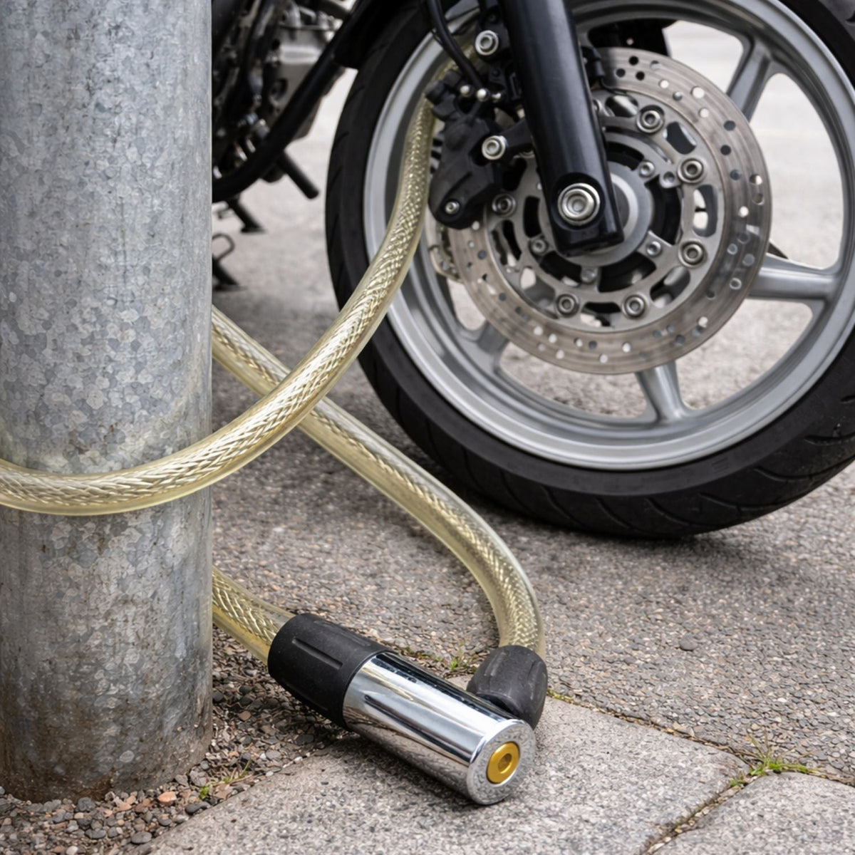 Candado de cable reforzado de 150 cm para moto, bici y scooter, con 2 llaves - foto 5