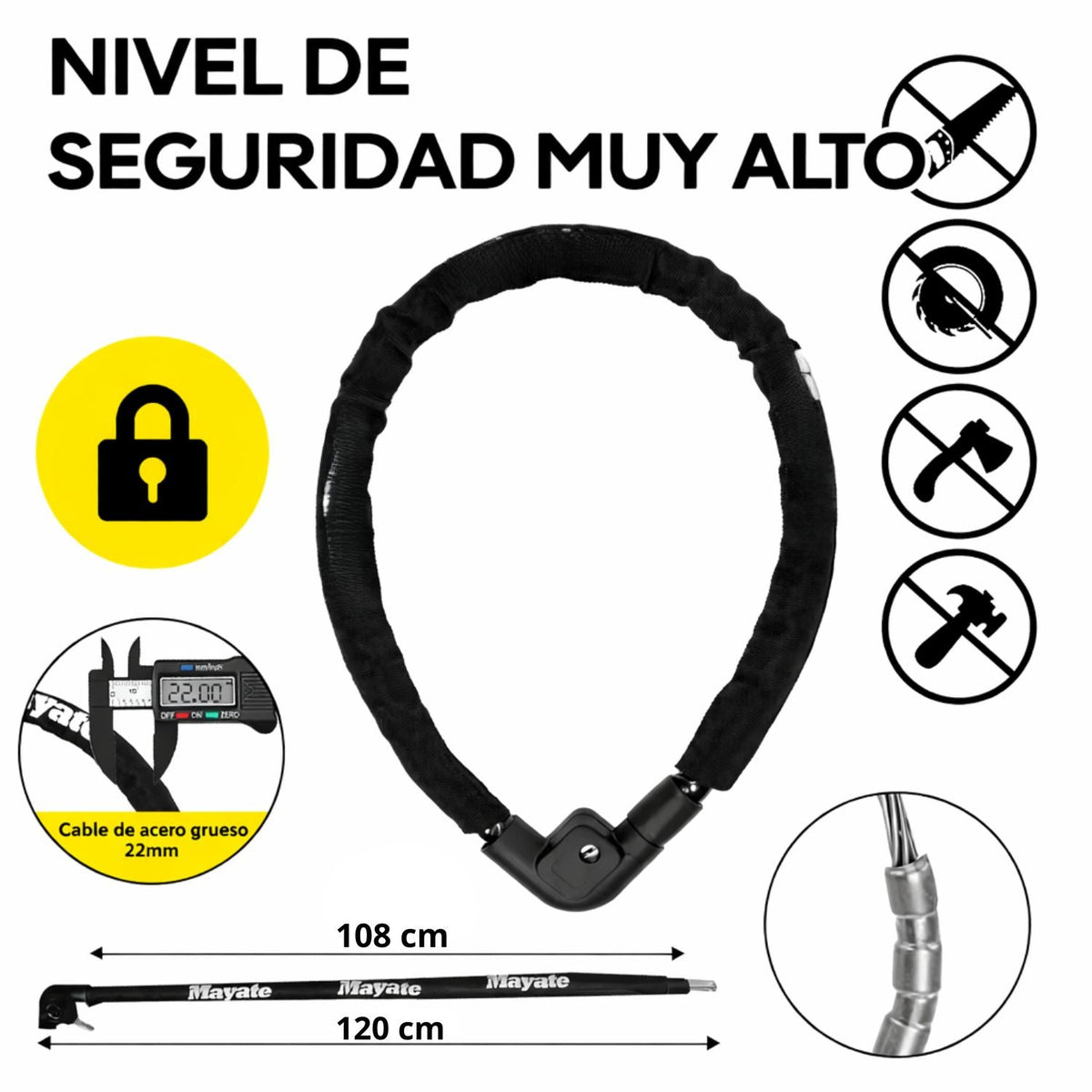 Candado de cable reforzado de 120 cm y 22 mm para moto y bici - foto 4