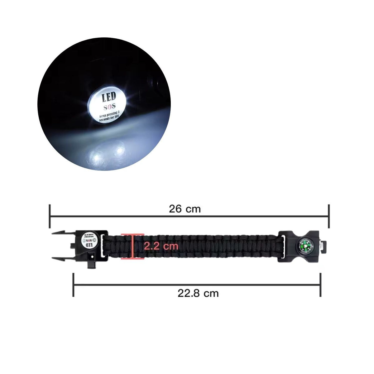 Pulsera paracord 7 en 1 con luz LED, pedernal y brújula SN191 - foto 3