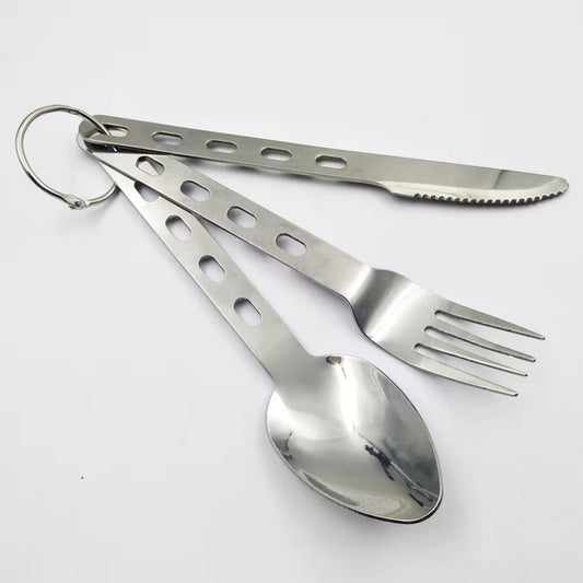 Set de cubiertos portátiles 3 en 1 de acero inoxidable con funda y mosquetón