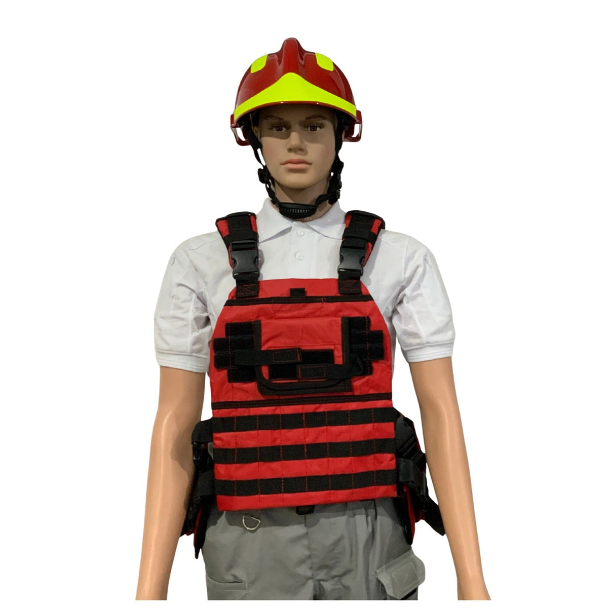 Chaleco modular rojo MOLLE para rescate y paramédicos, con asa de arrastre