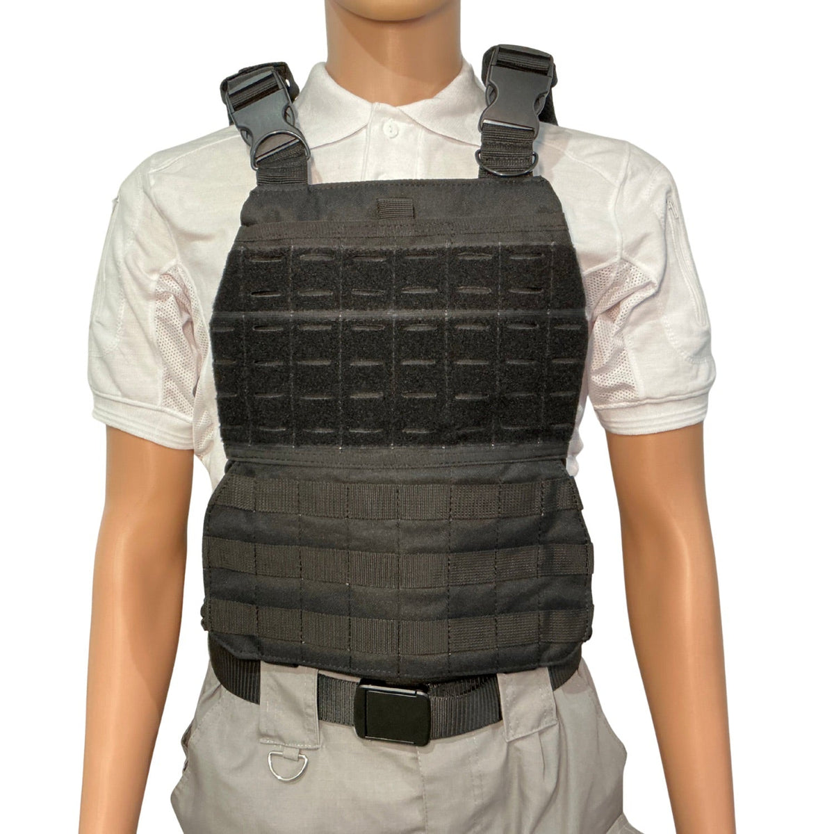 Chaleco táctico modular MOLLE negro con ajuste lateral y panel de velcro