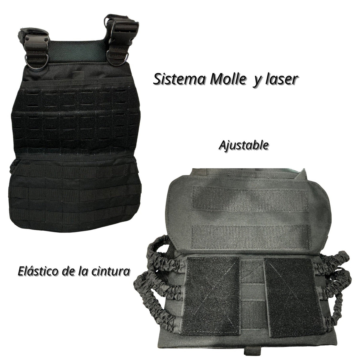Chaleco táctico modular MOLLE negro con ajuste lateral y panel de velcro - foto 2