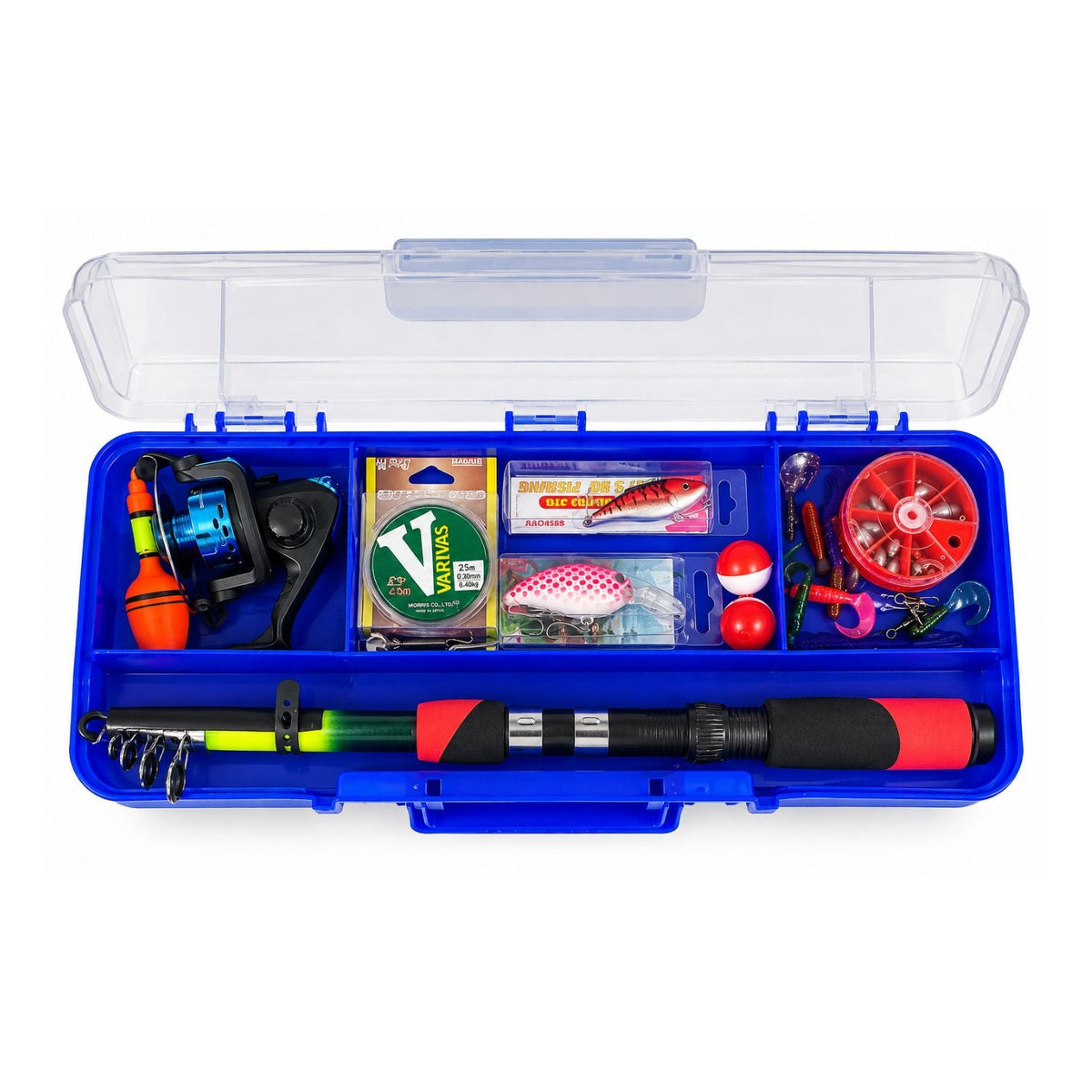 Kit de pesca con caña telescópica de 2 m, carrete, señuelos y maletín rígido