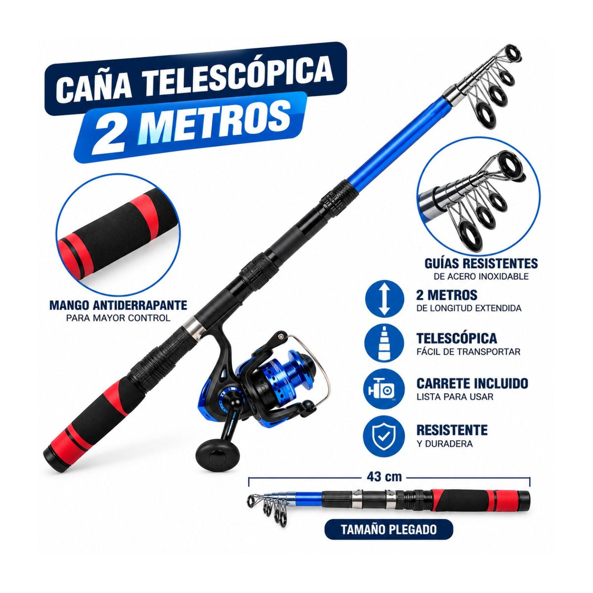 Kit de pesca con caña telescópica de 2 m, carrete, señuelos y maletín rígido - foto 4