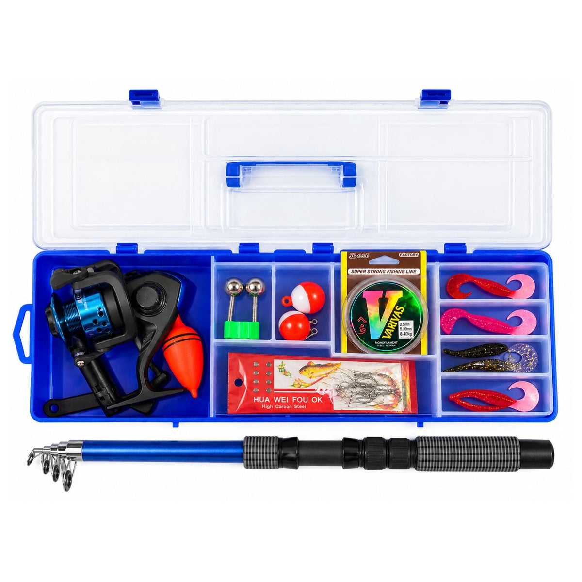 Kit de pesca portátil con caña de 164 cm, carrete spinning y accesorios