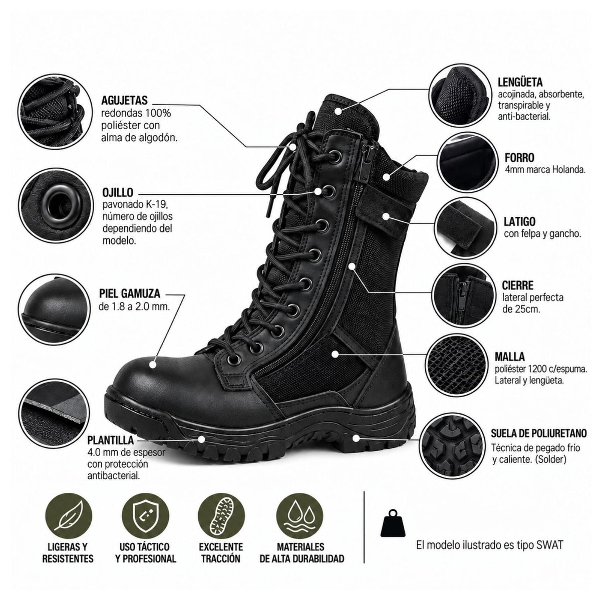 Bota táctica larga estilo SWAT de caña alta, antiderrapante, en negro o kaki - foto 6