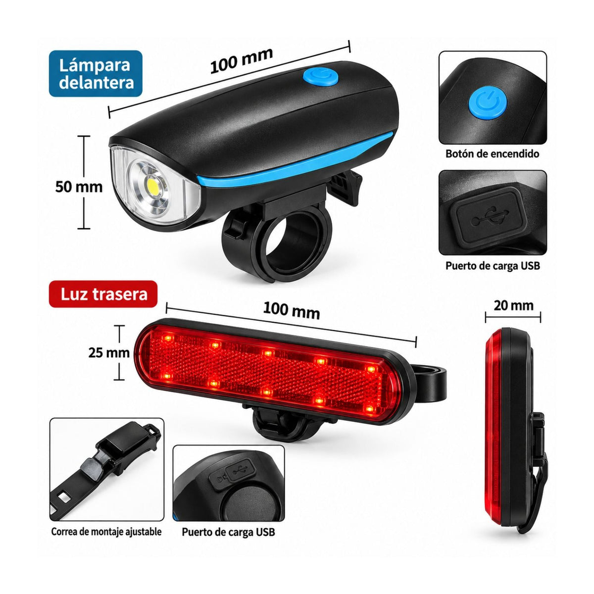 Kit de luces LED para bicicleta, delantera blanca y trasera roja recargable - foto 2