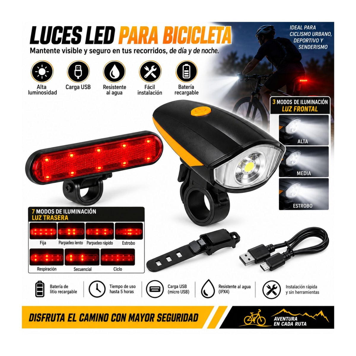 Kit de luces LED para bicicleta, delantera blanca y trasera roja recargable - foto 3