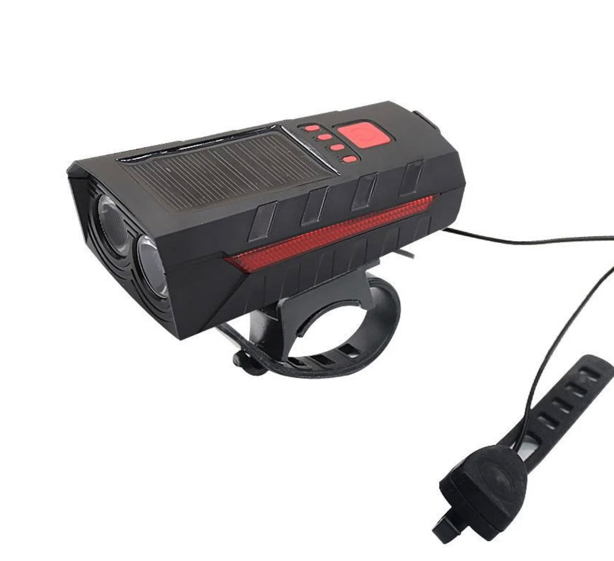 Luz para bicicleta con carga solar, claxon y power bank T052