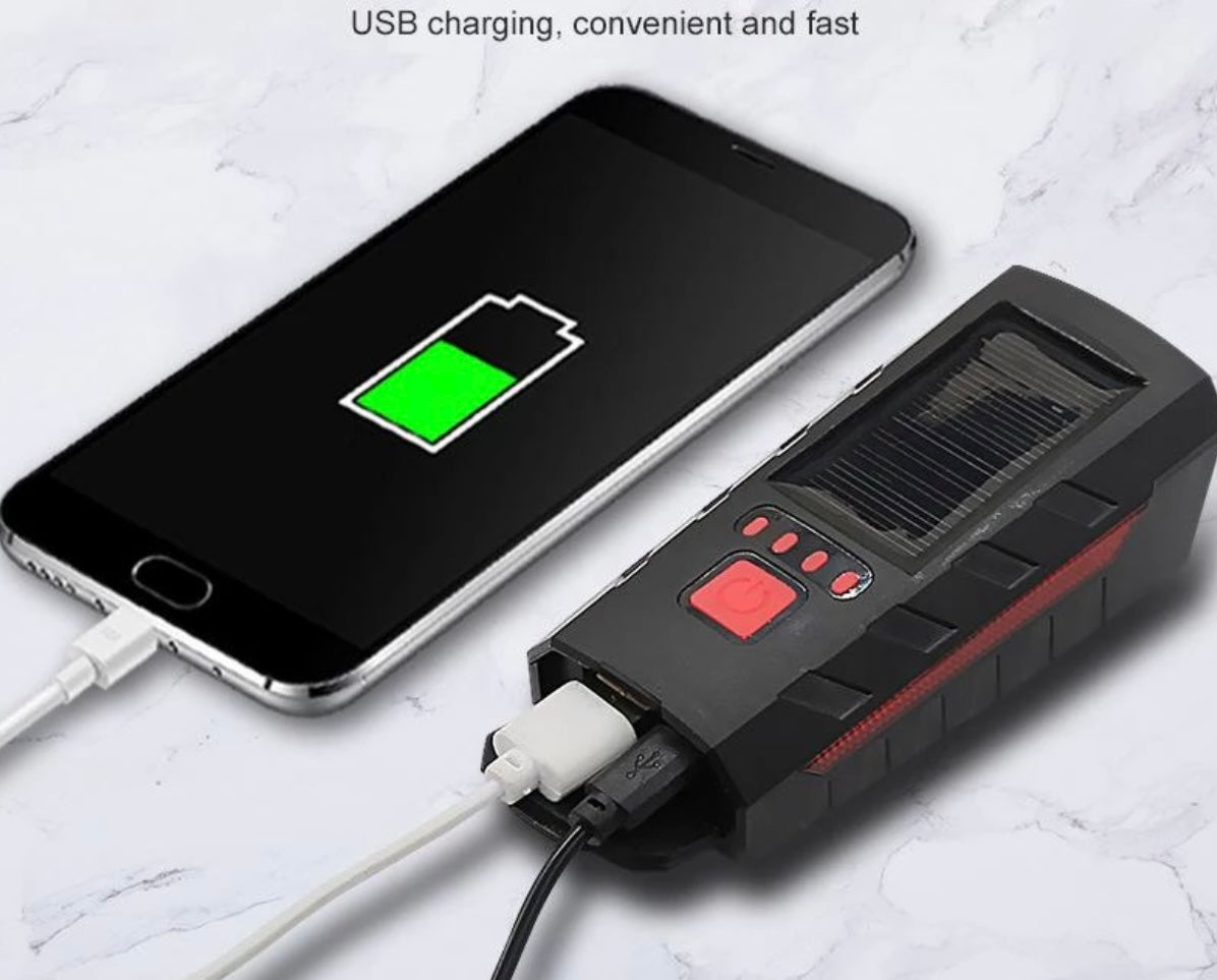 Luz para bicicleta con carga solar, claxon y power bank T052 - foto 2