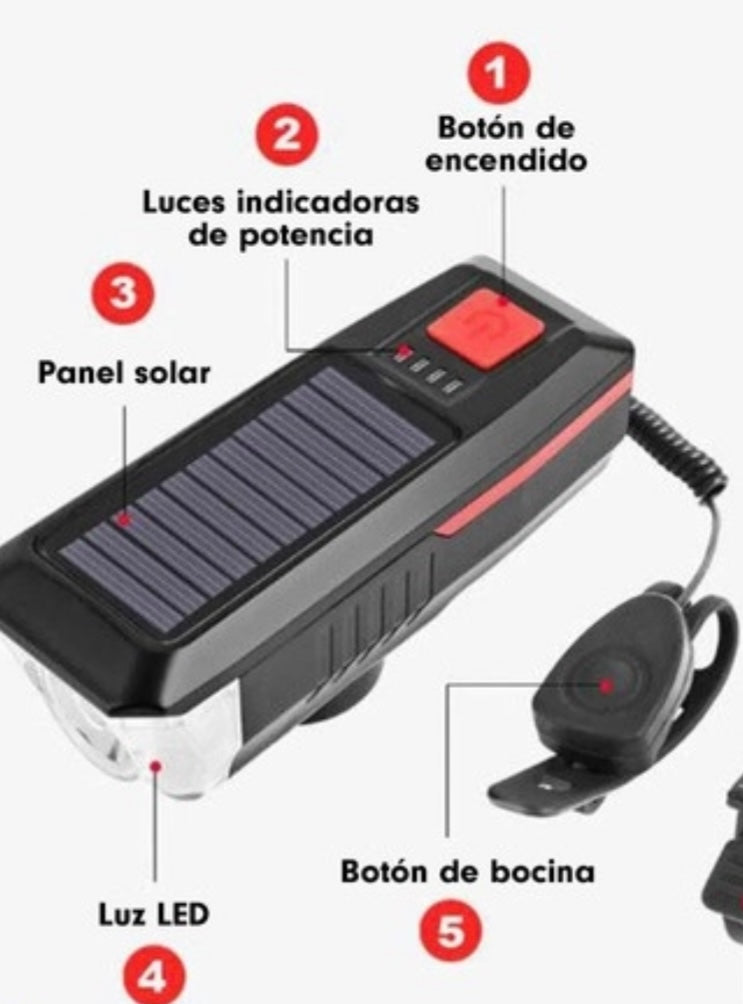 Lámpara frontal para bici con carga solar y claxon T17 - foto 3