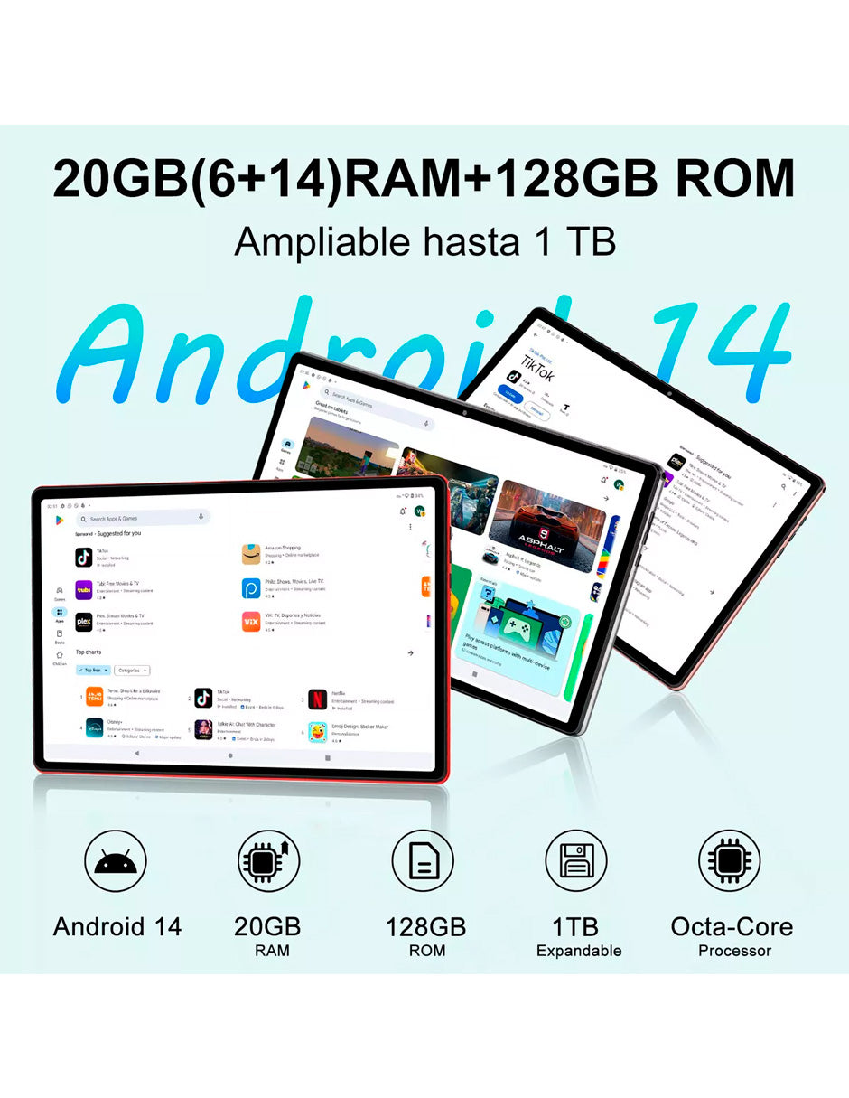 Tableta Q6 con Pantalla de 10.1" con Android 14  20 GB RAM 128 GB con Teclado y Mouse