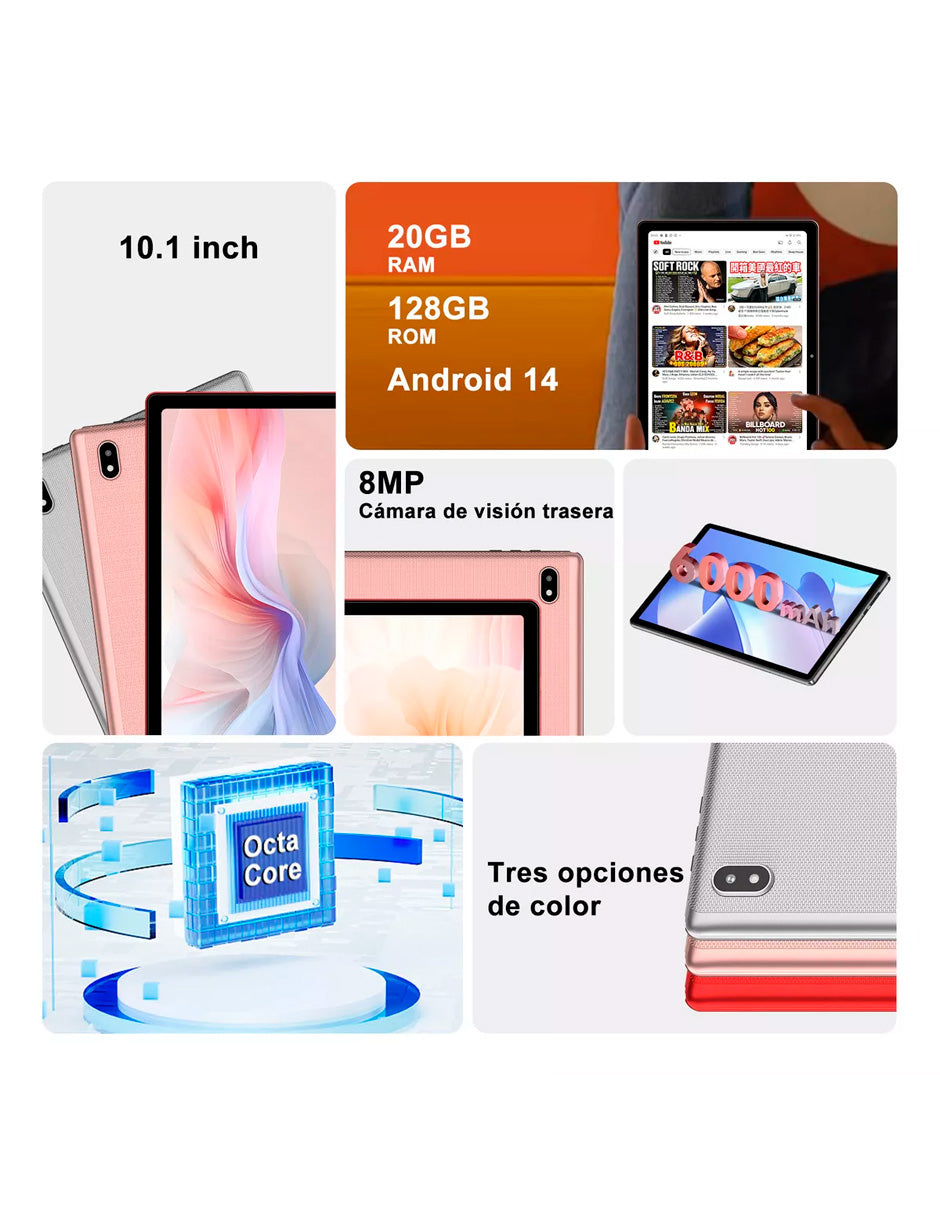 Tableta Q6 con Pantalla de 10.1" con Android 14  20 GB RAM 128 GB con Teclado y Mouse