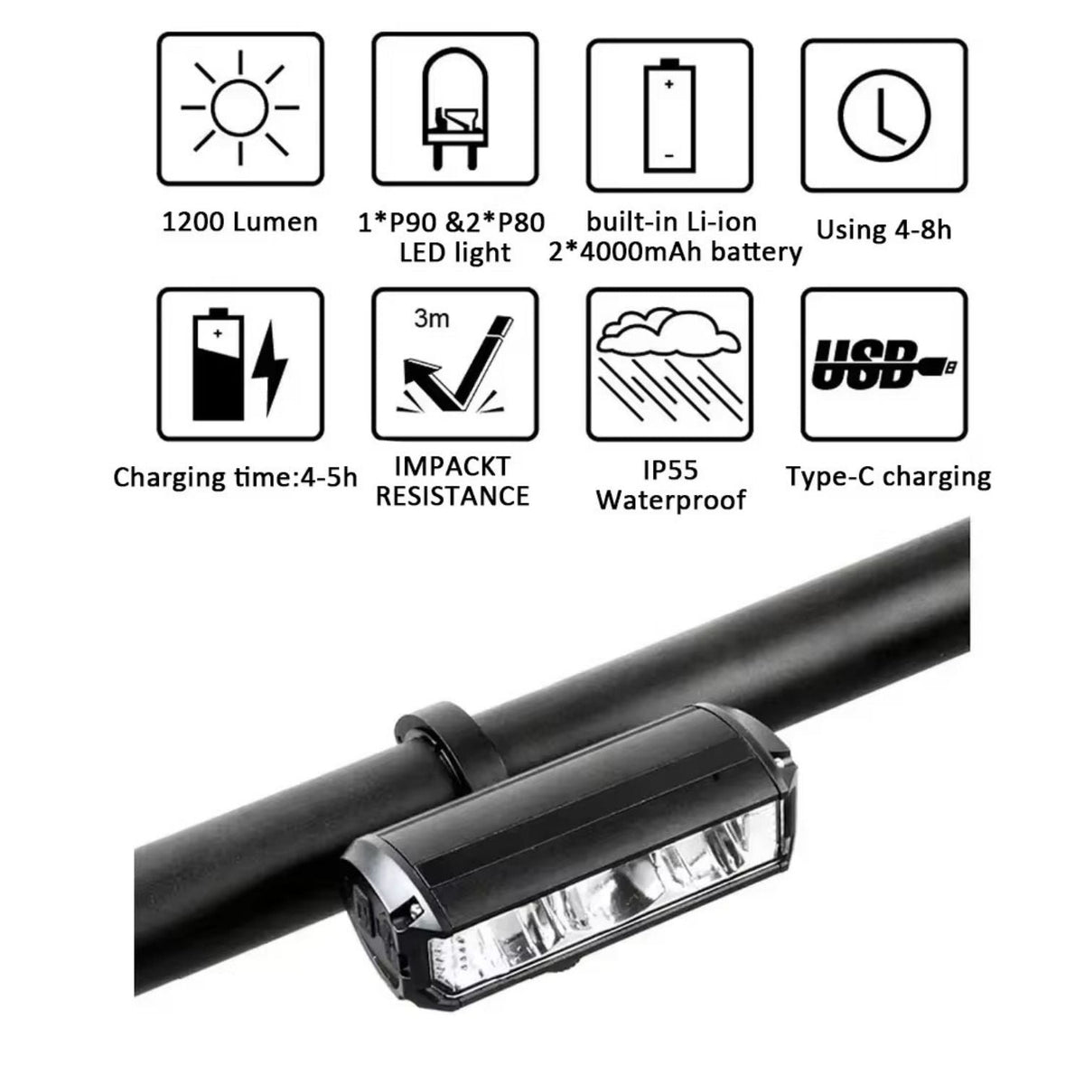 Lámpara frontal LED para bici de 1200 lm con luz ámbar y carga USB-C - foto 5