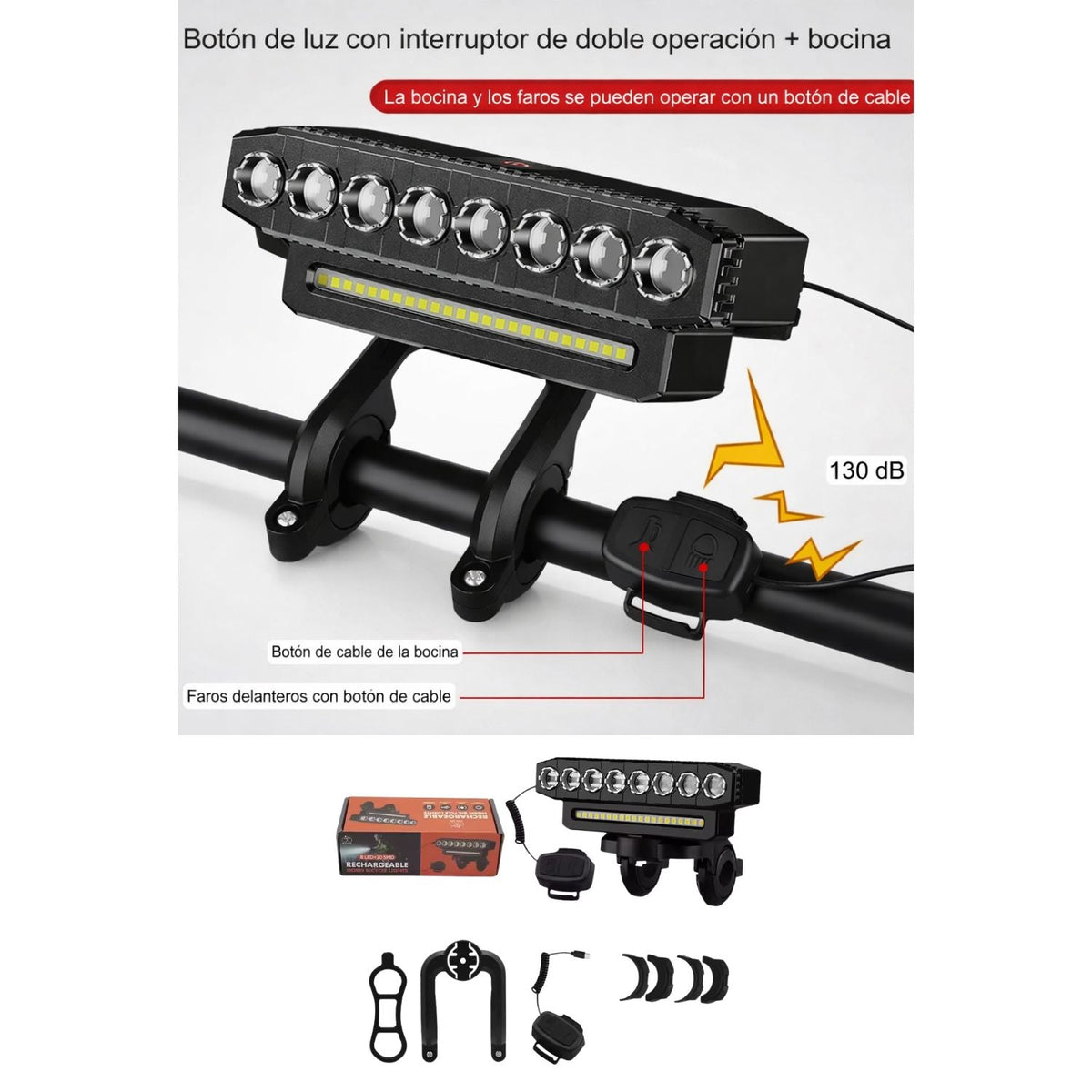 Luz delantera LED para bici con bocina de 130 dB, 6 modos y USB-C - foto 4