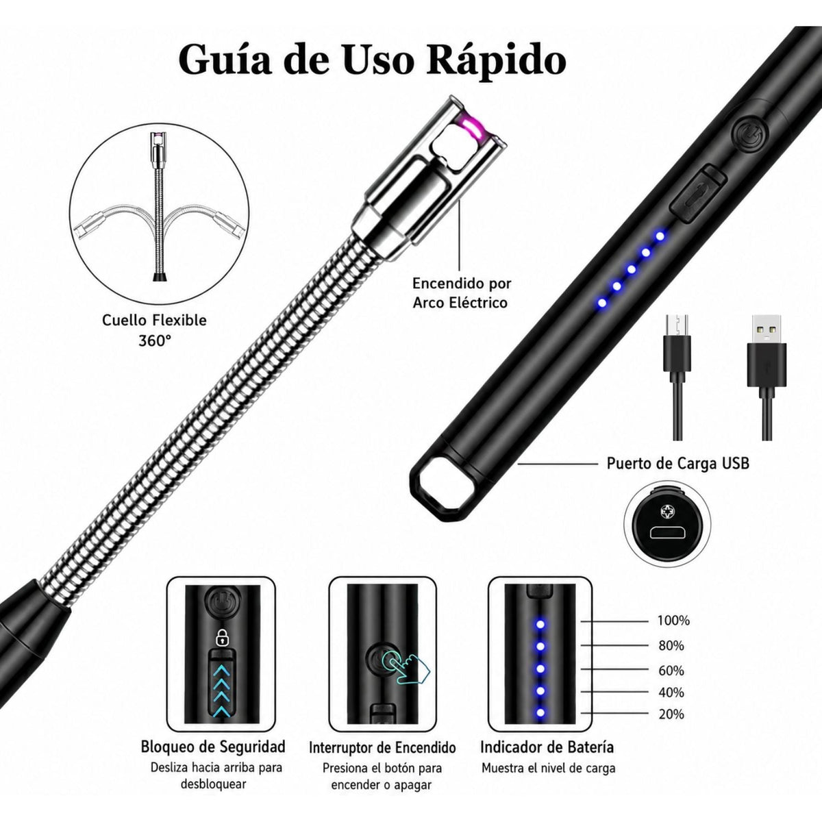 Encendedor eléctrico de arco con cuello flexible 360° y USB (TC3043) - foto 4